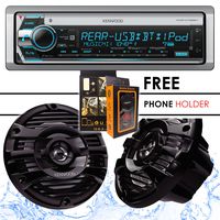 Kenwood KMR-D768BT Bluetooth Receiver + KFC-1653MRB 6.5" 2-Way Marine Speaker Boat-Yacht-ATV - 2 Speakers / 150W + Free Magnet Phone Holder