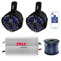 Marine Speaker And Amp Combo: Pyle PLMRMP3A 4 Channel 1200 Watt Waterproof MP3 Power Amplifier Bundle With 2X 6.5" 200W Wakeboard Waterproof LED Light Tower Speakers + Enrock 50Ft 16g Speaker Wire