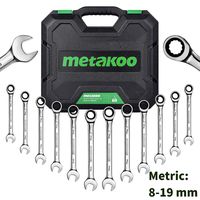 METAKOO Metric Ratchet Wrench Set, 12-Piece Metric Ratcheting Wrench Set with Case, 72 Tooth Ratchet, 8-19 mm, Chrome Vanadium Steel - MRWS01