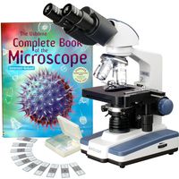 AmScope B120C-CM-PS25 Siedentopf Binocular Compound Microscope, 40X-2500X Magnification, Brightfield, LED Illumination, Abbe Condenser, Double-Layer Mechanical Stage, Includes Book and Set of 25 Prepared Biology Slides