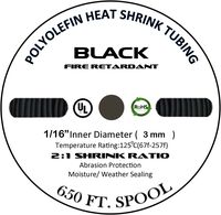 225FWY 650 FT 1/16" 1.5mm Polyolefin Black Heat Shrink Tubing 2:1 Ratio
