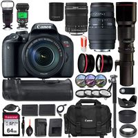Canon EOS Rebel T7i DSLR Camera w/Battery Grip & 3 Lens Kit (18-135mm, 70-300mm & 500mm Preset) + Pro Luxury Accessory Bundle (20+ Items) incl. Canon Gadget Bag, 64GB Memory Card, TTL Flash & More
