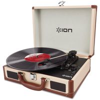 ION Audio Vinyl Motion Deluxe | Portable 3-Speed Belt-Drive Suitcase Turntable with Built-In Speakers (Cream-Leather Styling)