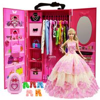 ZITA ELEMENT Doll Closet Wardrobe for 11.5 Inch Girl Doll Clothes and Accessories Storage - Lot 51 Items Including Wardrobe, Trunk, Casual Wear, Dress, Swimsuits, Hangers, Shoes, Bags and Necklaces