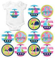 Gift Set of 12 Round Keepsake Photography Monthly Baby Stickers with Pink Nautical Sailing and Whales MOSG088