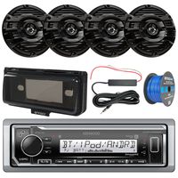 Bay Boat Audio Package: Kenwood KMR-M322BT Marine Bluetooth Receiver, Single DIN Radio Cover, 4X Kenwood KFC-1653MRB 6.5" 2-Way Marine Speakers (Black), Amp Booster Kit, 50 Ft 16G Tinned Speaker Wire