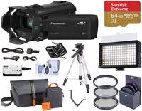 Panasonic 4K Ultra HD Camcorder HC-VX981K (Black), 20x Optical Zoom, Bundle Kit | Video Bag + LED Light + 64GB SD Card + 61" Tripod + 49mm Filter Kit + Cleaning Kit + Memory Wallet and Accessories
