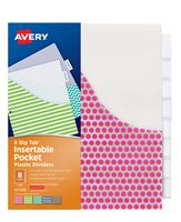 Avery 8-Tab Plastic Binder Dividers with Pockets, Insertable Clear Big Tabs, Assorted Designs, 1 Set (7709)