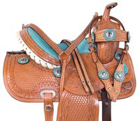 Acerugs 10" 12" 13" 14" Western Show Crystal Barrel Racing Leather Trail Youth Kids Horse Saddle TACK Set Children (13)