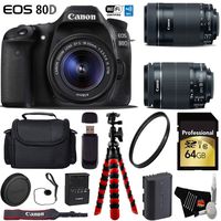 Canon EOS 80D DSLR Camera with 18-55mm is STM Lens & 55-250mm is STM Lens + Flexible Tripod + UV Protection Filter + Professional Case + Card Reader - International Version
