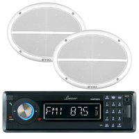 Lanzar AQMP70BTB Single din In-Dash Bluetooth AUX USB MMC SD MP3 Boat Receiver, 2x Enrock 6x9 Marine Water Resistant 2 Way White Speakers