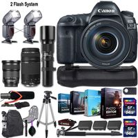 Canon EOS 5D Mark IV DSLR Camera w/ 3 Lenses (Canon EF 24-105mm f/3.5-5.6 is STM, Canon EF 75-300mm f/4-5.6 III & 500mm Manual Preset) + 2 Flash System and Deluxe Accessory Kit