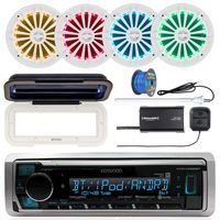 Kenwood KMR-M325BT Marine Bluetooth Receiver, Single DIN Radio Cover, 4X Enrock 6.5" 2 Way 180W LED Speakers (White), SiriusXM Tuner, Radio Antenna - White, 50 Foot 16-G Tinned Speaker Wire