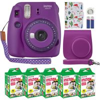 Fujifilm Instax Mini 9 Instant Camera Clear Purple with Clear Accents with Custom Case + Fuji Instax Film Value Pack (50 Sheets) Designer Photo Album for Fuji instax Mini 9 Photos