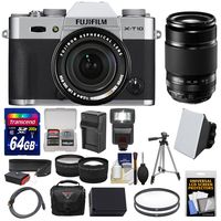 Fujifilm X-T10 Digital Camera & 18-55mm XF (Silver) with 50-200mm Lens + 64GB Card + Battery/Charger + Case + Tripod + Flash + 2 Lens Kit
