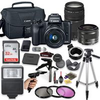 Canon EOS M50 Mirrorless Digital Camera (Black) with EF-M 15-45mm Lens & EF 75-300mm Lens + Pro Lens Mount Auto Adapter - EOS (EF/EF-S to EF-M Mount) + Deluxe Accessory Bundle