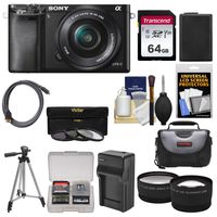 Sony Alpha A6000 Wi-Fi Digital Camera & 16-50mm Lens with 64GB Card + Case + Battery/Charger + Tripod + Tele/Wide Lens Kit
