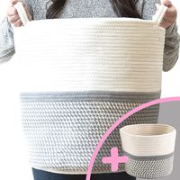 Little Hippo 2pc Large Cotton Rope Basket (16"x15") 100% Natural Cotton! Rope Basket, Woven Storage Basket, Large Basket, Blanket Basket Living Room, Toy Basket, Pillow Basket, Round Basket