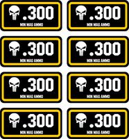 Linni's Vinyl Banners .300 Min Mag Ammo Can Stickers | Punisher | 8-Pack Ammo Can Decals Bullet Sticker 3 x 1 | 100% PVC - Waterproof, Non-Fade, UV Resistant