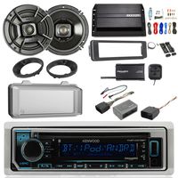Kenwood KMRD372BT Bluetooth in-Dash CD Marine Radio w/Kit, 2X Polk 6.5 Speakers, Kicker Amplifier w/Kit, SiriusXM Tuner, Harley Speaker Connector & Adapters, Handlebar Controls, Weathershield