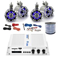 PyleMarine PFMRA450BW 4-Channel Bluetooth White Amplifier, 4X Pyle 5.25" Wakeboard Waterproof IP44 Rated Tower Silver LED Speakers, Amp Install Kit, 18-G 50 Ft Speaker Wire
