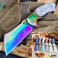 KCCEDGE BEST CUTLERY SOURCE EDC Pocket Knife Camping Accessories Razor Sharp Edge Cleaver Blade Folding Knife Camping Gear Survival Kit 57598 (Rainbow)