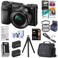Sony Alpha a6000 Mirrorless Digital Camera 24.3MP (Black) with 16-50mm Lens (ILCE6000L/B), Pro Bundle with Bag, 2 Battery, Charger, Filter Kit, UFO 2 Tripod, 64GB SD Card, Wrist Strap and Accessories