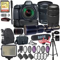 Canon EOS 6D Mark II DSLR Camera w/ 24-105mm Lens, 75-300 Lens & 500mm Preset Lens + 128GB Sandisk Extreme Memory + Video LED Light + Rode Microphone + 60" Portable Tripod + Professional Kit
