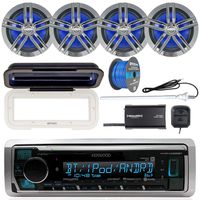 Kenwood KMR-M322BT Marine Bluetooth Receiver, Radio Cover, 4X Enrock Marine 2-Way 6.5" Speakers (Charcoal), Satellite Radio Tuner Kit, Marine Radio Antenna - White, 50 Foot 16-G Tinned Speaker Wire