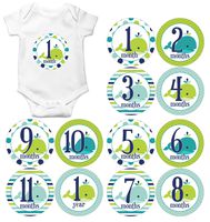 Gift Set of 12 Round Keepsake Photography Monthly Baby Stickers with Blue Nautical Whales MOSB084