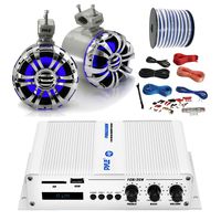 Pyle Marine PFMRA350BW 2-Channel Bluetooth White Amplifier, Pyle 5.25" Wakeboard Waterproof IP44 Rated Tower Silver LED Speakers (Pair), Amp Install Kit, 18-G 50 Ft Speaker Wire