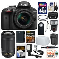 Nikon D3400 Digital SLR Camera & 18-55mm VR & 70-300mm DX AF-P Lenses with 64GB Card + Case + Flash + Video Light + Battery & Charger + Tripod + Kit