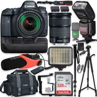 Canon EOS 6D Mark II DSLR Camera w/Canon 24-105mm STM Lens Kit + Pro Photo & Video Accessories Including 128GB Memory, Speedlight TTL Flash, Battery Grip, LED Light, Micorphone, 60" Tripod & More