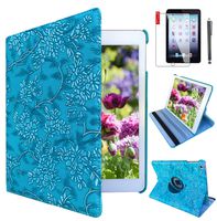 Ipad Case 360 Degrees Rotating Stand Leather Magnetic Smart Cover Case for Ipad 2/3/4 Generation Case with Bonus Screen Protector, Stylus and Cleaning Cloth (Blue-Embossed Flowers)