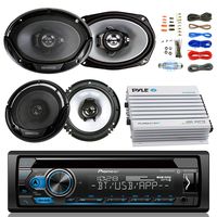 Pioneer DEH-X4900BT Car Bluetooth Radio USB AUX CD Player Receiver - Bundle Combo With 2x Kenwood 6.5" 2-Way Black Car Coaxial Speakers + 2x 6x9" Inch 3-Way Speaker + 4-Channel Amplifier + Amp Kit