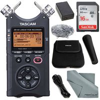 Tascam DR-40 4-Track Handheld Digital Audio Recorder (Black) with Tascam Handheld DR-Series Recording Accessory Package + 16 GB SDHC + Fibertique Cleaning Cloth