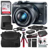Canon EOS M100 Mirrorless Camera w/ 15-45mm Lens & WiFi (Black) + 64GB + Battery & Charger Replacement + Flex Tripod + Deluxe Bundle