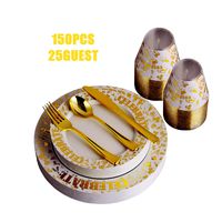 150pcs Gold Plates & Plastic Silverware & Gold Rimmed Cups, Celebrate Disposable Dinnerware Set for 25 Guest Include:25 Dinner Plates, 25 Dessert Plates, 25 Tumblers, 25 Forks, 25 Knives, 25 Spoon