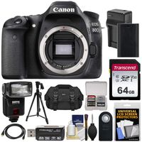 Canon EOS 80D Wi-Fi Digital SLR Camera Body with 64GB Card + Battery & Charger + Case + Flash + Tripod + Kit