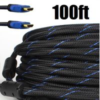 Premium Braided Nylon HDMI Cable Gold Series High Speed HDMI Cable with Ferrite Core for PS4, X-Box, HD-DVR, Digital/Satellite Cable HDTV 1080P Blue (100 Feet)