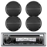 New Kenwood Marine Boat Outdoor Bluetooth CD MP3 Player USB iPod iPhone Input Pandora AM/FM Receiver 4 x EnrockMarine 6.5" Marine Waterproof Speakers Package - Marine Audio Kit (Black)