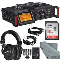 Tascam DR-70D Audio Recording Device for DSLRs Bundle with Headphones+Batteries +16 GB+ Cables and FiberTique Cloth