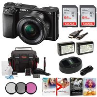 Sony Alpha a6000 Mirrorless Camera w/ 16-50mm Lens & Two 64GB SD Card Bundle