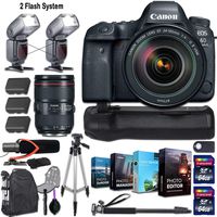 Canon EOS 6D Mark II DSLR Camera and Canon EF 24-105mm f/4L is II USM Lens + 2 Flash System with Deluxe Accessory Kit (4-Pack Photo/Video Editing Software, Pro Microphone w/Windshield and More)