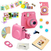 Fujifilm Instax Mini 9 Camera + 14 PC Instax Accessories kit Bundle, Includes; Instax Case + Album + Frames & Stickers + Lens Filters + MORE (Flamingo Pink)