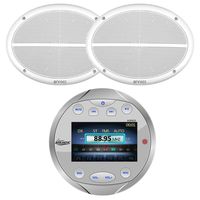 Lanzar AQR82S Round Aquatic Waterproof Marine Stereo in Dash Bluetooth Receiver - Silver, 2X Enrock EM692W 6x9 Marine Water Resistant 2 Way 250 Watt White Speakers