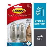Command Traditional Plastic Bath Hooks Value Pack, Medium, Brushed Nickel, 2-Hooks (17051BNB-2ES)