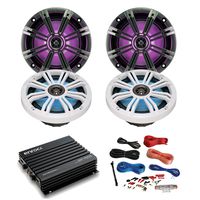 4 x Kicker 43KM654LCW 6.5" KM-Series LED Marine Boat Coaxial Speakers Combo Bundle w/ Enrock 400W 4-Channel Marine Car Bluetooth Amplifier + Pyle PLMRAKT8 8 Gauge Marine Amplifier Installation Kit