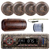PyleMarine Single-DIN Bluetooth MP3 USB AUX Camo AM/FM Radio, 4X Pyle 6.5'' Waterproof Camo Speakers, Stereo Shield Cover, Enrock Camouflage Boat Antenna, 18-G 50 Ft Wire