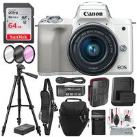 Canon EOS M50 Mirrorless Digital Camera with EF-M 15-45mm Lens (White) and 64GB SD Card + Deluxe Photo Travel Bundle